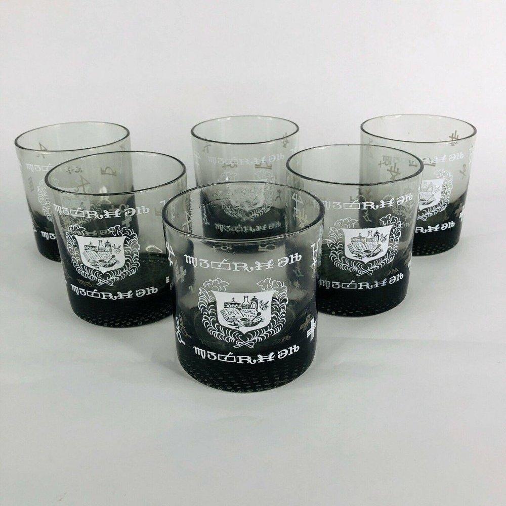Set of 6 Pharmacy Symbol Glasses Barware Apothecary Tumblers MCM Lowball Rocks